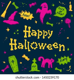 Abstract Halloween background with lettering and grunge cartoon elements: bat, blot, bones, broom, candle, candies, cat and ghost.
