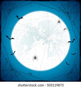 Abstract Halloween background with Moon on blue sky, black spiders, cobwebs and flying bats, holiday theme with grunge decoration, illustration.