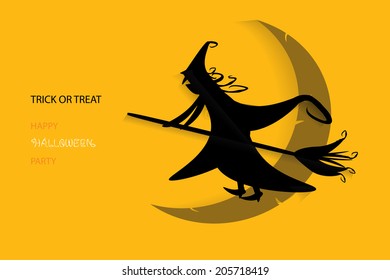 Abstract Halloween background with silhouette witch against moon ,Trick or treat, Happy Halloween party card, EPS vector.