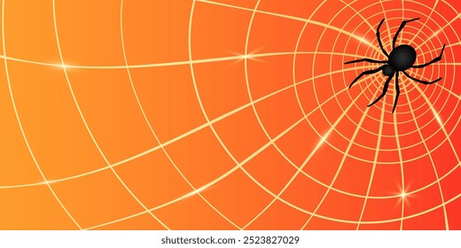 Abstract Halloween banner with spider web and big black spider on gradient orange background. Vector illustration