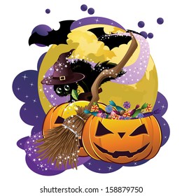 Abstract Halloween card with black cat in witch hat, pumpkins, broom and full moon.