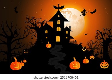 Abstract Halloween Day poster design. Modern Halloween holiday party banner design template with moon, bats, tree, and ghost home. Night happy Halloween background design. Darken Halloween art. 