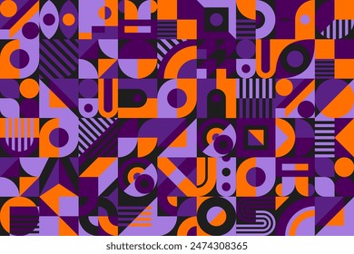 Abstract Halloween geometric pattern. Vector background featuring bold, contrasting shapes in orange and purple colors, evoking a mysterious and captivating ambiance perfect for the spooky season