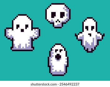 Abstract Halloween ghosts in 8 bit pixel art style. This retro pixel art design brings a fun and festive vibe, perfect for decorations, greeting cards, and decor for Halloween party. 