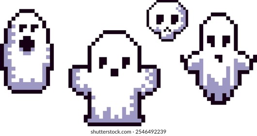 Fantasmas de Halloween abstratos no estilo 8 bit pixel art. Este design de arte retro pixel traz uma vibração divertida e festiva, perfeito para decorações, cartões de saudação e decoração para festa de Halloween. 