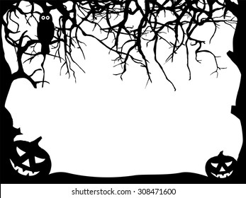 Abstract Halloween Greeting Card Template with Free Text Space- Frame Silhouette - Pumpkin, Owl, Branch - Black Shapes