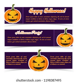 Abstract Halloween greeting horizontal banners with calligraphic inscriptions and paper scary pumpkins on purple background vector illustration