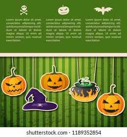 Abstract Halloween Holiday greeting poster with text and hanging pumpkins witch hat cauldron on green background vector illustration