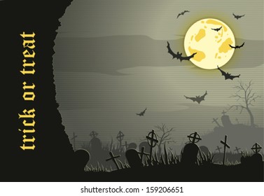 Abstract Halloween night background  with  graveyard and bats