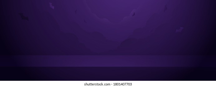 Abstract halloween night sky spooky with bats background. Empty vivid purple color studio table room layout design. Space banner for advertise. Vector illustration