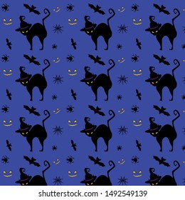 Abstract halloween pattern . Creative background with cat, bat, spider. Funny illustration for textile and fabric. Fashion style. Colorful picture.