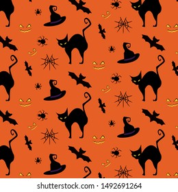 Abstract halloween pattern . Creative background with cat, bat,  spider. Funny illustration for textile and fabric. Fashion style. Colorful picture.