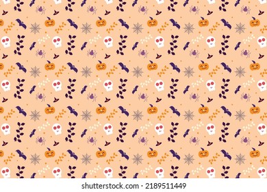 Abstract Halloween pattern decoration with dead leaves and skulls. Minimal Halloween pattern vector on an off-white background. Halloween seamless pattern design for backgrounds and bed sheets.