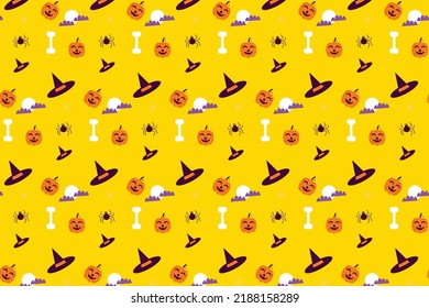 Abstract Halloween pattern decoration on a yellow background. Halloween seamless pattern vector with different elements. Minimal pattern decoration with scary pumpkin and spider.