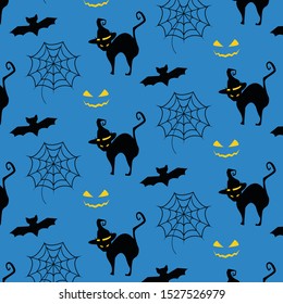 Abstract halloween pattern on blue background . Creative background with cat, bat, spider. Flat illustration for textile and fabric. Fashion style. Colorful picture. Vector Eps. 8