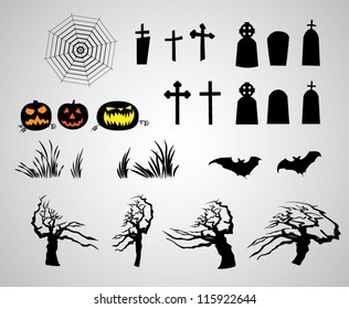 abstract halloween pumpkins tombstones bats creepy trees and web