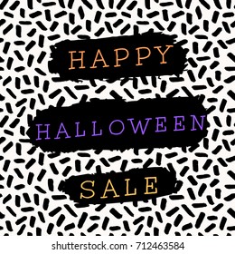 Abstract Halloween sale design with text on Memphis style pattern background. Poster, brochure or greeting card square template with sample text.