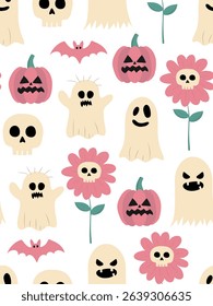 abstract halloween seamless pattern ghosts pumpkins bats skulls flowers beige pink white background fun festive holiday