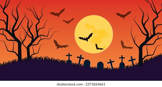 Abstract halloween theme color black orange yellow bats scary trees grave cemetery banner design. Vector illustration.