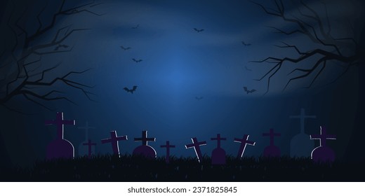 Abstract halloween theme dark night grave cemetery scary trees bats banner design. Vector illustration.
