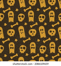 Abstract Halloween Theme Illustration, Bones and Ghosts Seamless Pattern, Vector Background.