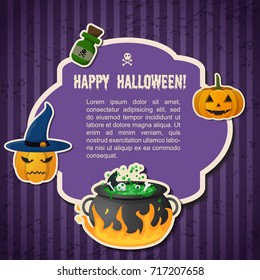 Abstract Halloween traditional greeting poster with text in frame pumpkins witch hat cauldron and potion bottle vector illustration