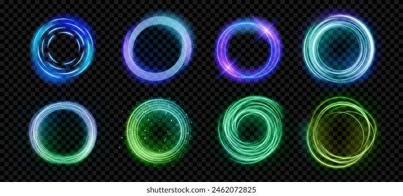 Abstractas halo efectos de luz conjunto aislado sobre fondo transparente. Ilustración realista de Vector de turquesa de neón, anillos azules, verdes que brillan en la oscuridad, marco redondo en la nube de la niebla con destellos