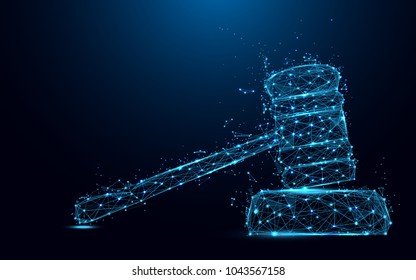 Abstract Hammer judge form lines and triangles, point connecting network on blue background. Illustration vector