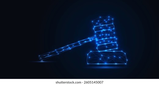 Abstract Hammer judge form lines and triangles, point connecting network on blue background. Illustration vector eps 10
