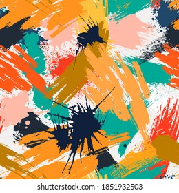 Abstract hand brush stroke shape seamless texture pattern. Hand drawing brush hipster in vector. Stylish geometric brush strokes fancy print.