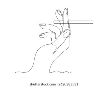 Mão abstrata com um cigarro, desenho de mão de arte de linha única contínua logotipo de esboço