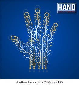 Resumen mano de la placa de circuito aislada en un fondo azul, concepto de tecnología. Ilustración del vector