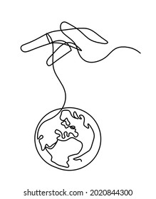 Abstract hand control globe of planet Earth as line drawing on white background. Vector