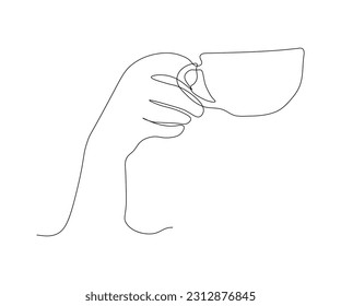 abstract hand with a cup of coffee , hand-drawn, continuous mono line, one line art, contour drawing