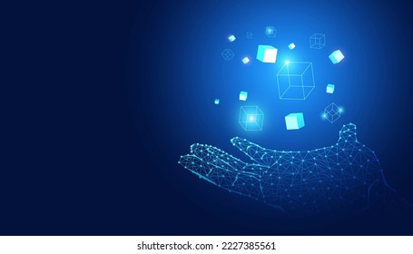 Abstract Hand Digital Wireframe and Box Digital Concept Blockchain Cryptocurrency On a blue background