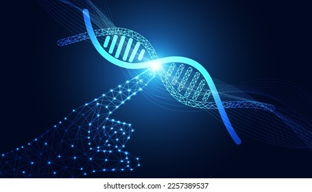 Resumen manual wireframe digital señalando el concepto dna experimento de ciencia médica y edición de genes en fondo azul hermoso moderno