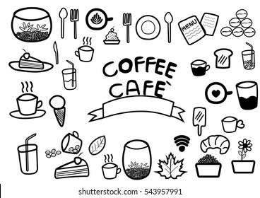 abstract hand draw doodle line in coffee and food cafe concept on white background, vector, illustration, cartoon style