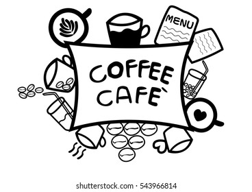 abstract hand draw doodle line in coffee cafe concept on white background, vector, illustration, cartoon style