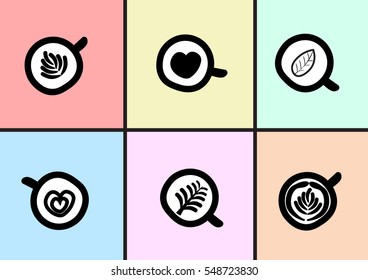 abstract hand draw doodle line in a cup of latte art coffee concept with colorful background, vector, illustration, cartoon style