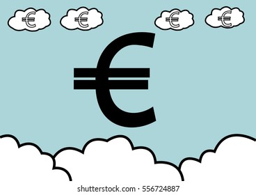abstract hand draw doodle line in weak of  euro currency concept in the sky background, vector, illustration flat design, cartoon style