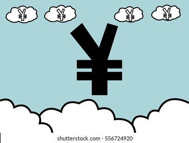 abstract hand draw doodle line in weak of  japanese yen currency concept in the sky background, vector, illustration flat design, cartoon style