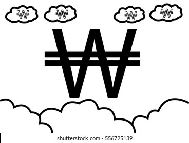 abstract hand draw doodle line in weak of  korea won currency concept in the sky background, vector, illustration flat design, cartoon style, black and white tone