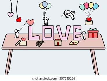 abstract hand draw doodle line in love concept background on the table, vector, illustration flat design, cartoon style