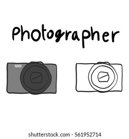 abstract hand draw doodle sketch black compact camera on white background, vector, illustration, cartoon style