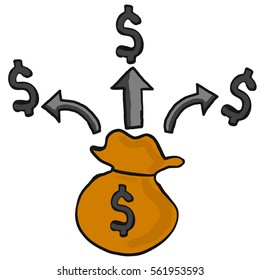 abstract hand draw doodle sketch money out from bag with color on white background, lose money concept, vector, illustration, cartoon style