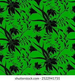 Abstract Hand Draw seamless Two Color Flowers and Leaves Seamless Vector Pattern Isolated Background Seamless vector floral pattern in Hawaiian style with big flower. Silhouette big flower design