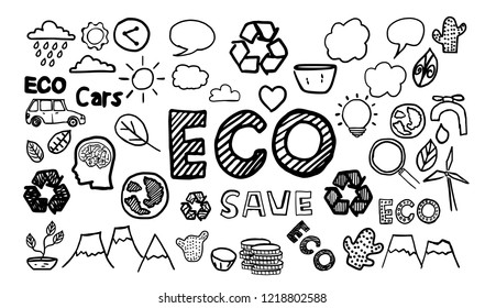 abstract hand draw set of doodle eco concept with many icon design, vector, illustration
