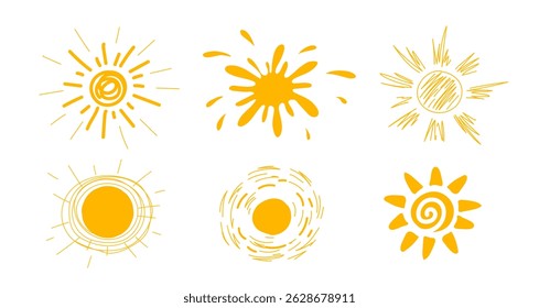  Abstract hand draw yellow sun icons set. Vector illustration. Vector illustration on a white background. Isolated