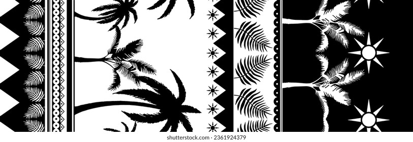 Abstract Hand Drawing 150 cm Two Colors Tropical Bohemian Palm Trees Leaves and Borders Seamless Vector Pattern Isolated Background