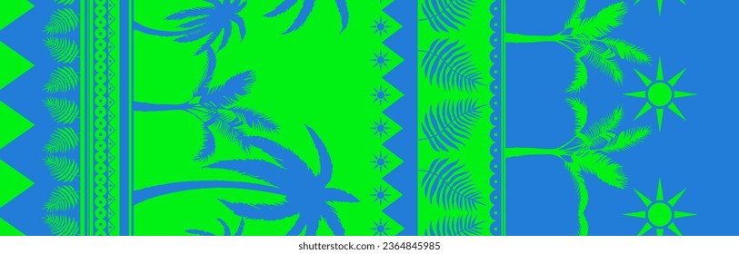 Abstract Hand Drawing 150 cm Two Colors Tropical Bohemian Palm Trees Leaves and Borders Seamless Vector Pattern Isolated Background